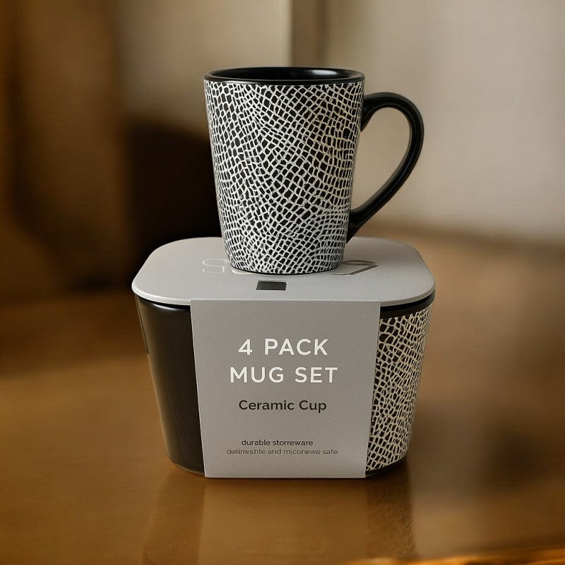Premium 4-Pack Ceramic Mug Set – Black & White Textured Design | Durable Stoneware Cups for Tea & Coffee | Adornia.pk