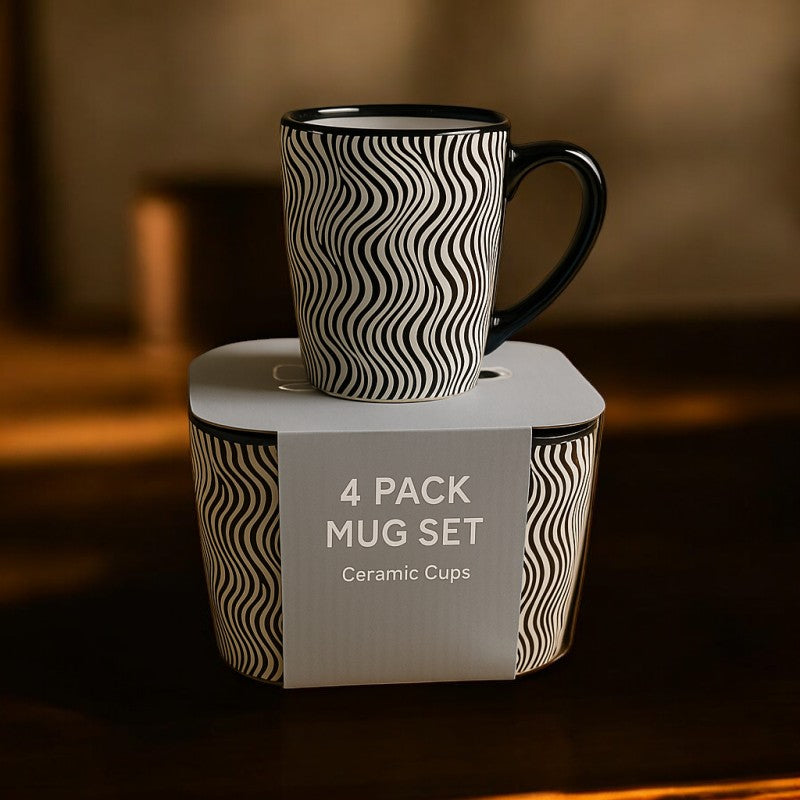 Premium Black & White Ceramic Mug Set – 4pcs Stylish Wave Pattern Tea & Coffee Cups | Adornia.pk