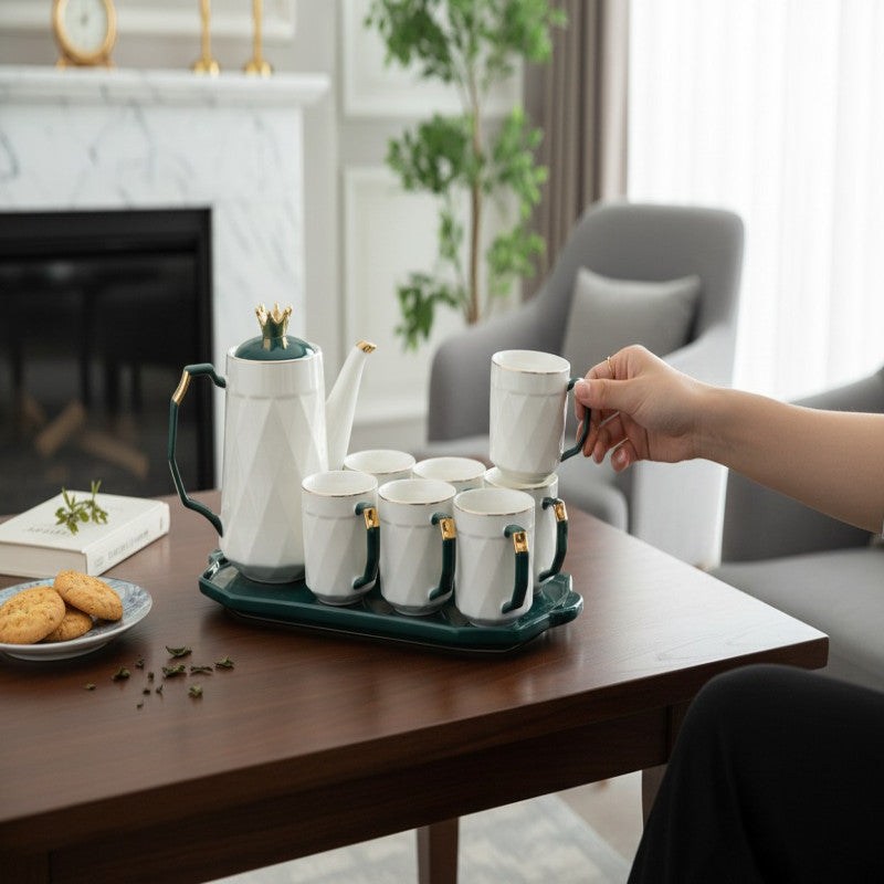 6-Piece Ceramic Tea Set with Tray – 4 Mugs & Teapot for Elegant Serving | Adornia.pk