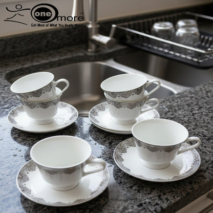 Timeless Luxury 12-Piece Lace-Patterned Tea & Coffee Cup & Saucer Set – 6 Cups & 6 Saucers | Adornia.pk