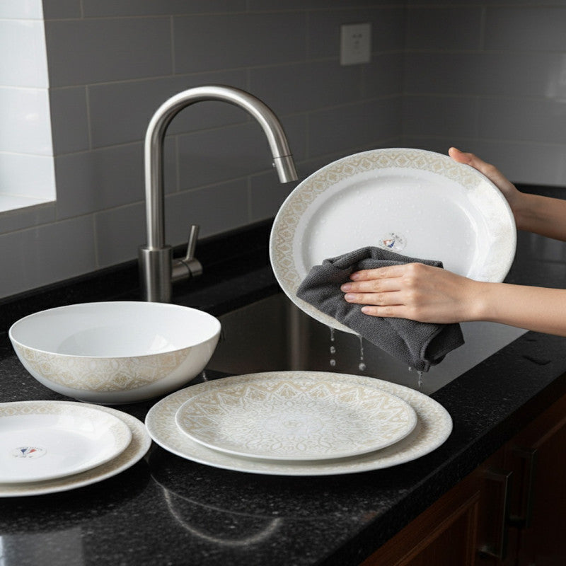 26-Piece Opalware Dinnerware Set – Refined Gold & Silver Accents