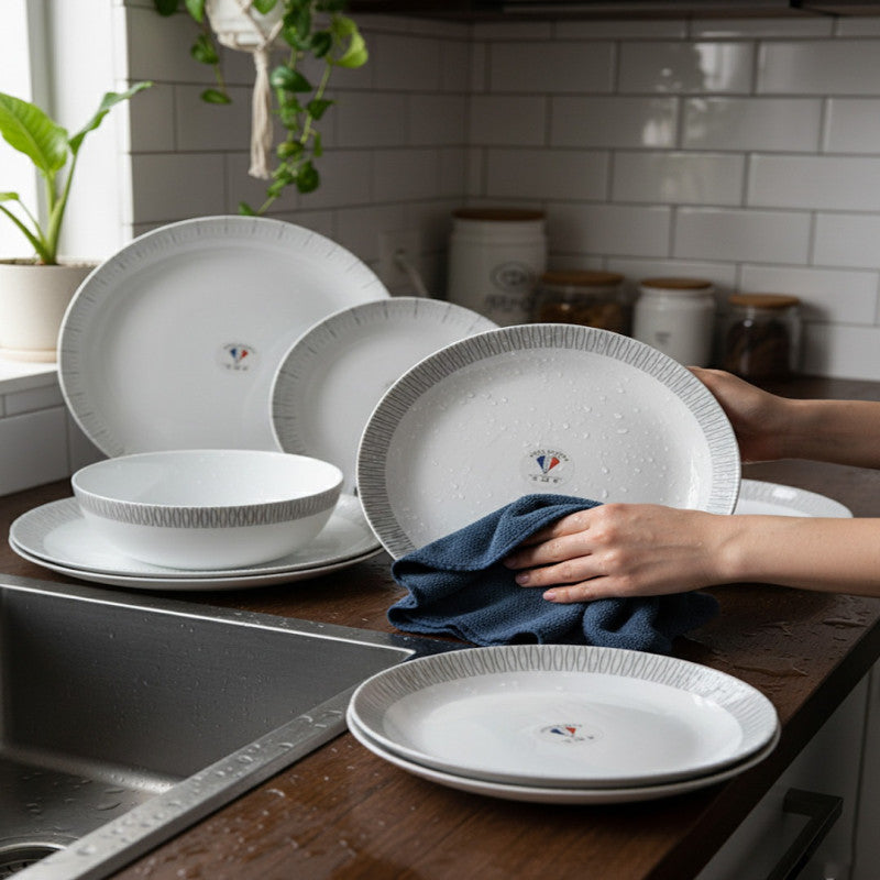 26-Piece Opalware Dinnerware Set – Sleek Minimal Grey-Line Design