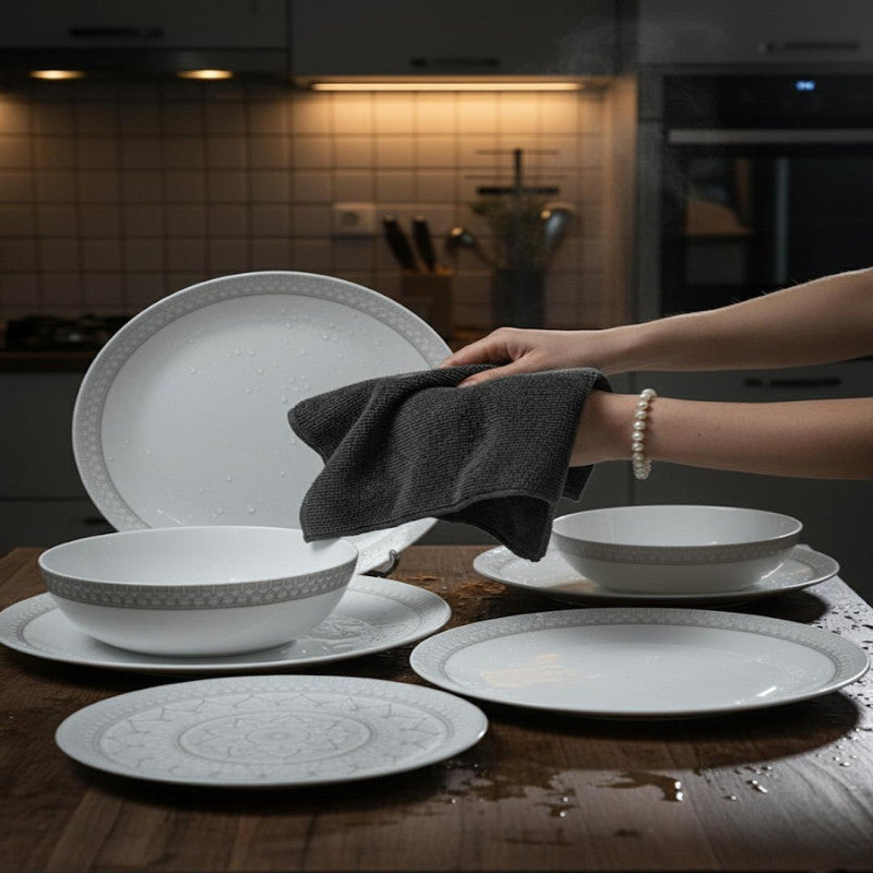 26-Piece Opalware Dinnerware Set – Elegant Grey Geometric Border Design