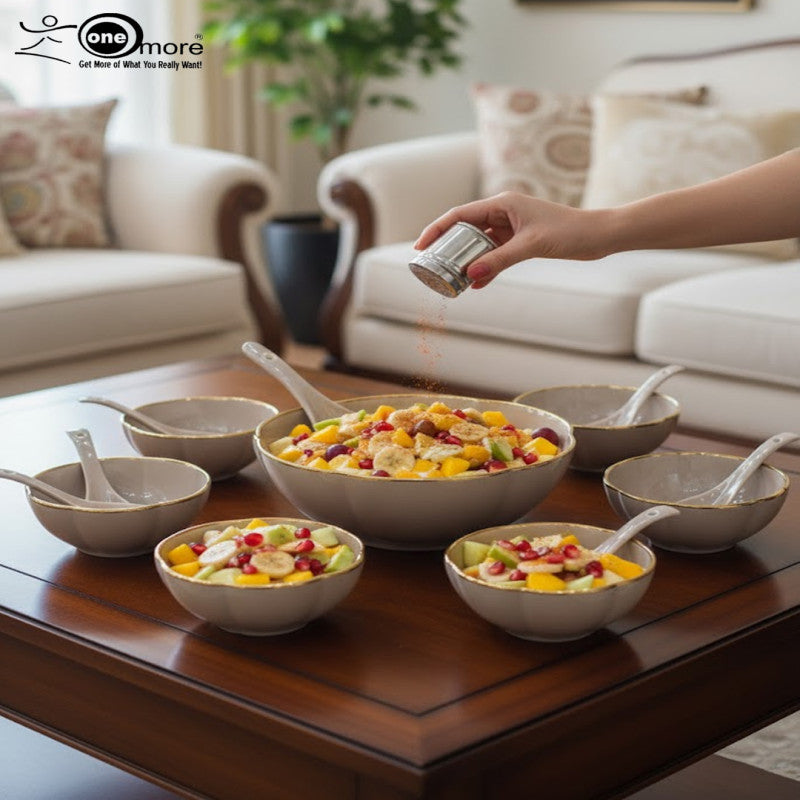 14-Piece Luxury Ceramic Soup Bowl Set with Gold Trim – 5 Color Options, Includes 1 Serving Bowl & 6 Dinner Bowls