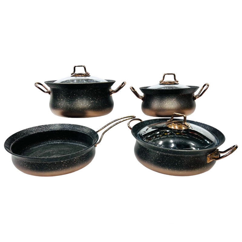 O.M.S. 7-Piece Non-Stick Granite Copper Cookware Set with Glass Lids – Casserole Pans & Pots, Made in Turkey
