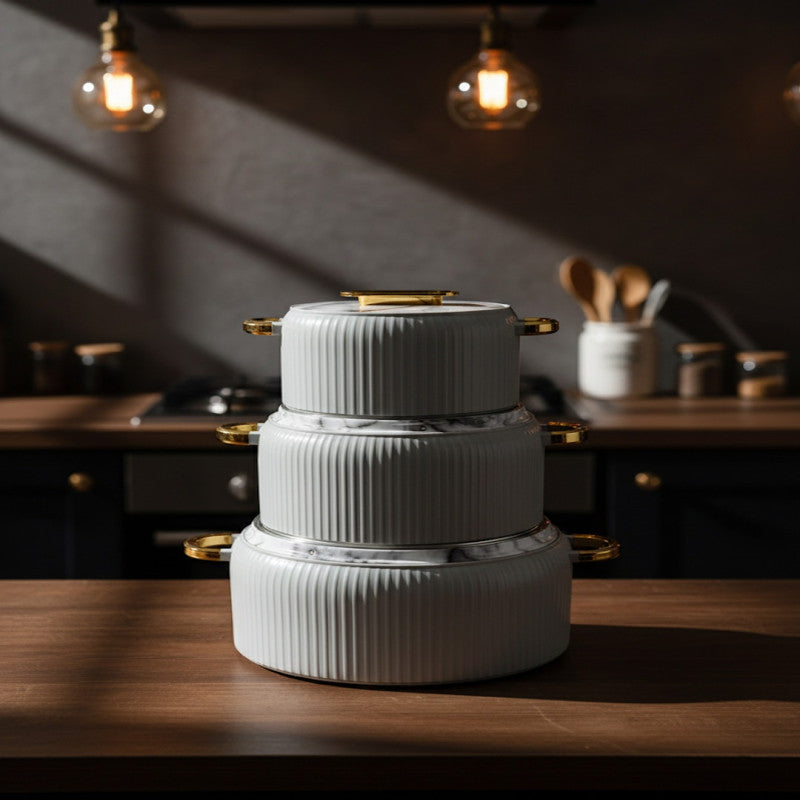 Luxury White Marble-Finish Casserole Set