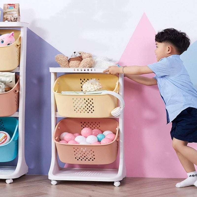 “Colorful Rolling Toy Trolley with Tilt Storage Bins”