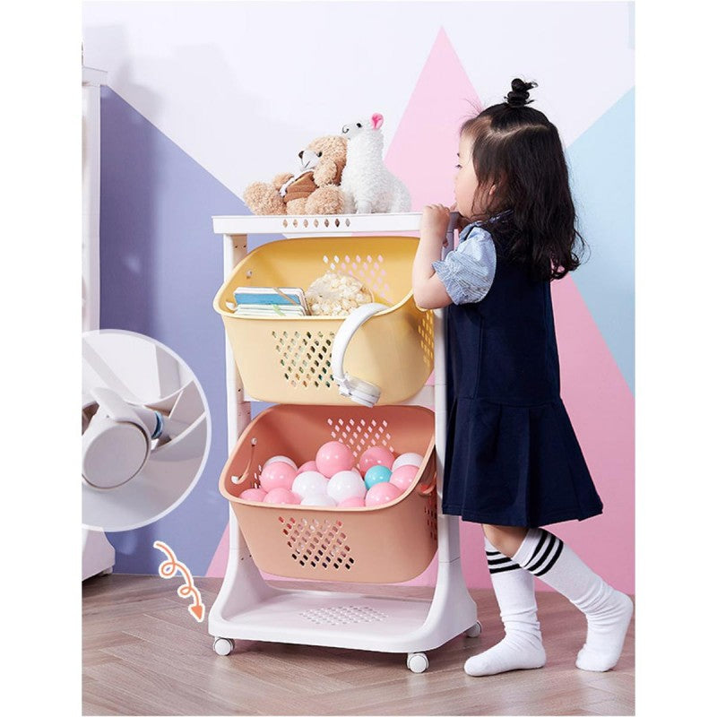 “Colorful Rolling Toy Trolley with Tilt Storage Bins”