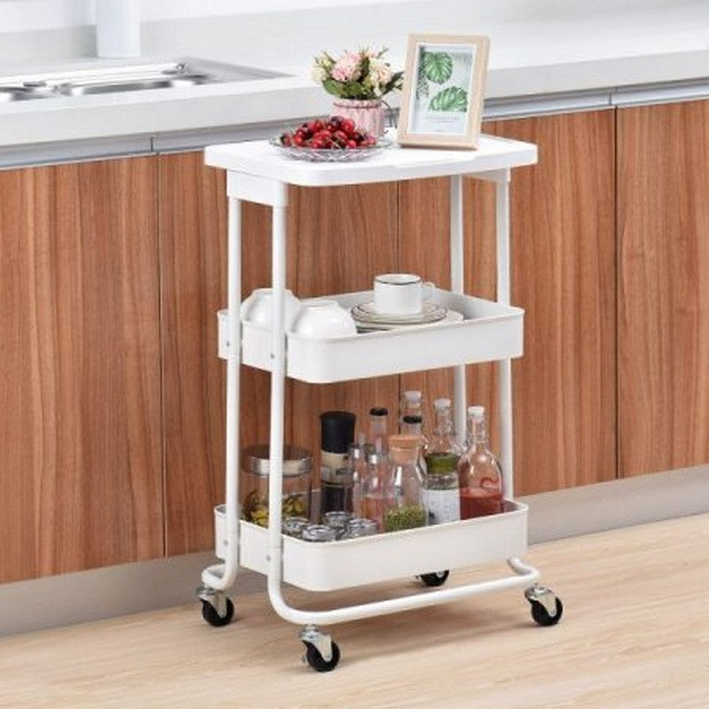 “Mobile 3-Tier Kitchen Trolley – Metal Rack with Tabletop and Locking Casters”