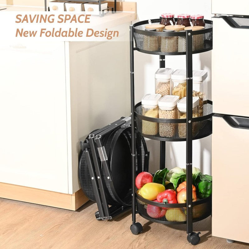 “3-Tier Foldable Kitchen Rack – Mobile Fruit and Vegetable Cart”