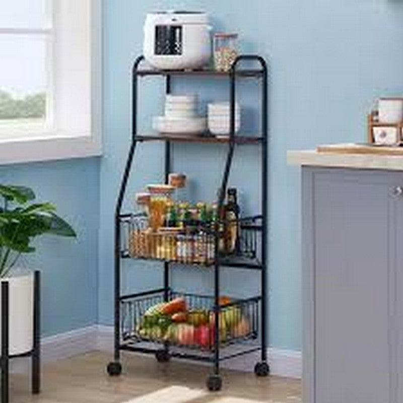 “4-Layer Metal Kitchen Trolley with Wooden Shelves – Rolling Storage for Oven, Plates & Produce”