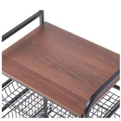 “4-Layer Metal Kitchen Trolley with Wooden Shelves – Rolling Storage for Oven, Plates & Produce”