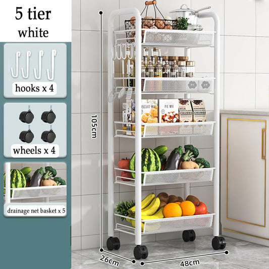 “Metal 5-Tier Rolling Rack – Kitchen, Pantry & Gap Organizer”