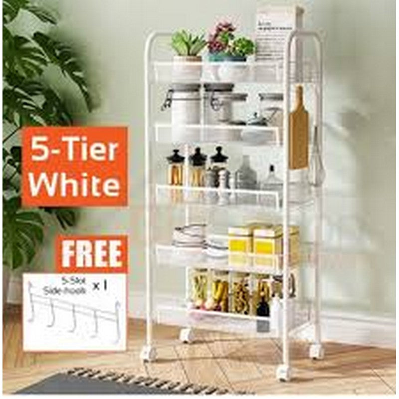 “Metal 5-Tier Rolling Rack – Kitchen, Pantry & Gap Organizer”