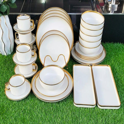 Porcelain Cream Shine Lining Dinner Set – 32 Pieces | Premium Ceramic Crockery Set