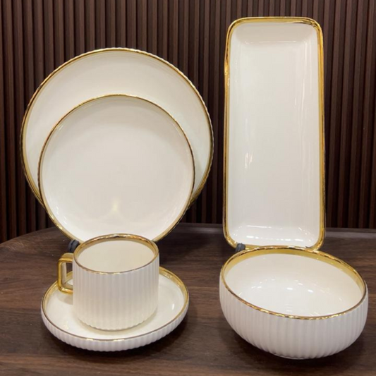 Porcelain Cream Shine Lining Dinner Set – 32 Pieces | Premium Ceramic Crockery Set