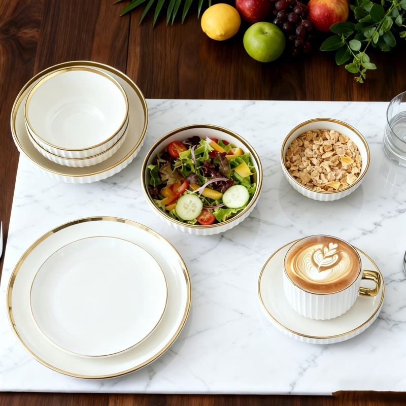 Porcelain Cream Shine Lining Dinner Set – 32 Pieces | Premium Ceramic Crockery Set