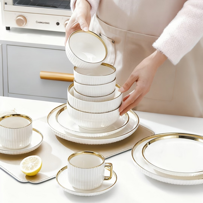 Porcelain Cream Shine Lining Dinner Set – 32 Pieces | Premium Ceramic Crockery Set