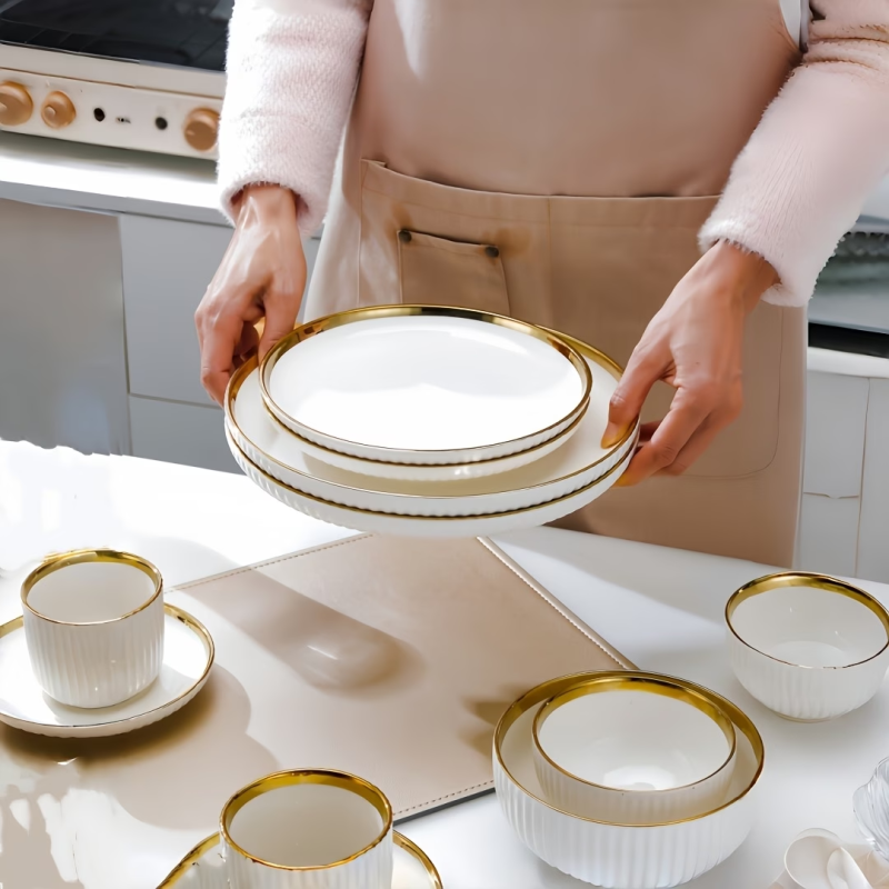 Porcelain Cream Shine Lining Dinner Set – 32 Pieces | Premium Ceramic Crockery Set