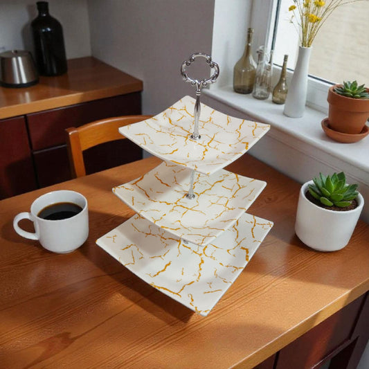 Luxury Melamine Cupcake Stand – 3-Tier Golden Marble Dessert Tray for Cakes, Pastries & Treats | Adornia.pk