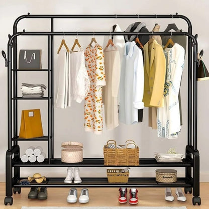 Dual Pole Movable Clothes Rack – Wardrobe Stand with Shelves & Coat Storage