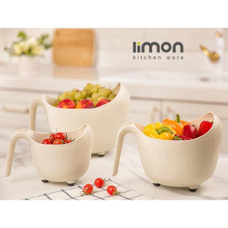 Limon 3-Piece Fruits & Vegetables Wash Bowl Set with Drainer – Multi-Purpose Kitchen Colander (3035) | Adornia.pk