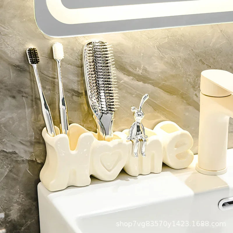 “HOME” Ceramic Toothbrush Holder – Cute & Decorative Bathroom Organizer