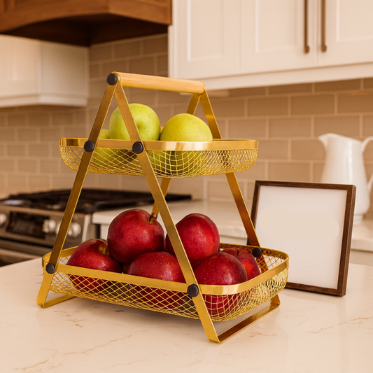 Golden 2 Tier Fruit Basket Stand – Elegant Gold Organizer