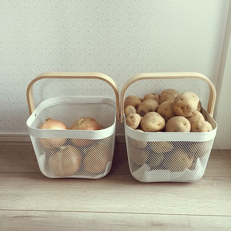 Modern Metal Mesh Fruit Basket with Wooden Handle – Stylish Kitchen Counter Storage for Fruits and Vegetables | Adornia.pk