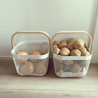 Modern Metal Mesh Fruit Basket with Wooden Handle – Stylish Kitchen Counter Storage for Fruits and Vegetables | Adornia.pk