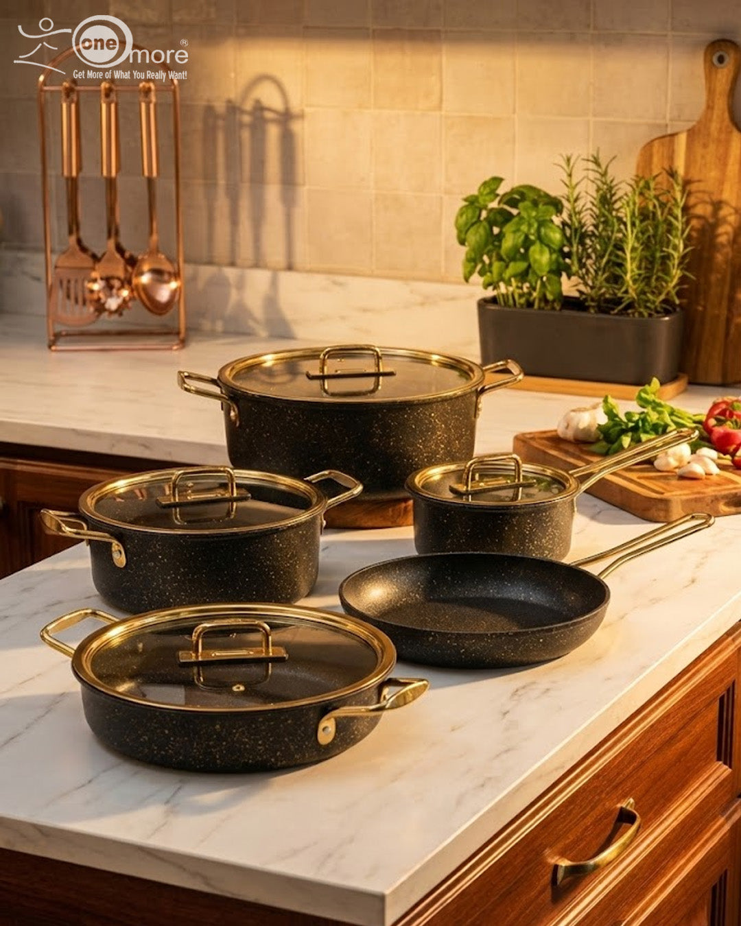 Falez 9-Piece Premium Granite Non-Stick Cookware Set – Black & Gold Series | Made in Turkey