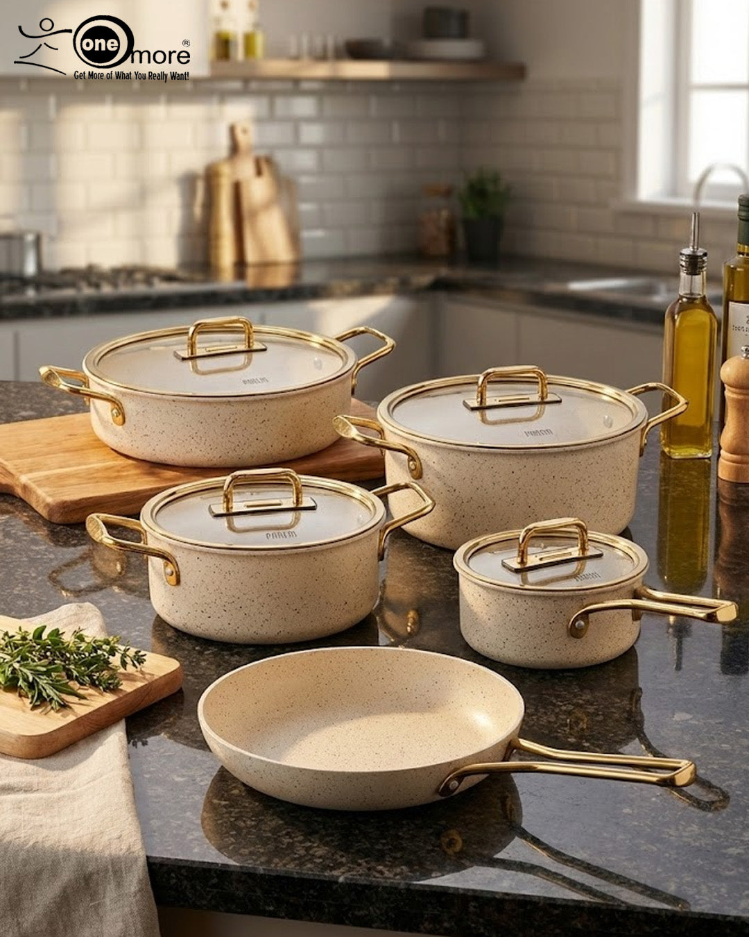 Falez Premium 9-Piece Granite Non-Stick Cookware Set – Creamy & Gold Edition | Made in Turkey