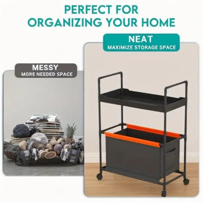 2-Tier Rolling Storage Cart with Handle | Mobile Organizer for Office, Kitchen, Laundry & Outdoor – Plastic & Metal (White, Black, Dark Green)