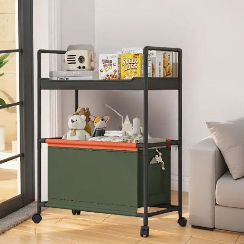 2-Tier Rolling Storage Cart with Handle | Mobile Organizer for Office, Kitchen, Laundry & Outdoor – Plastic & Metal (White, Black, Dark Green)