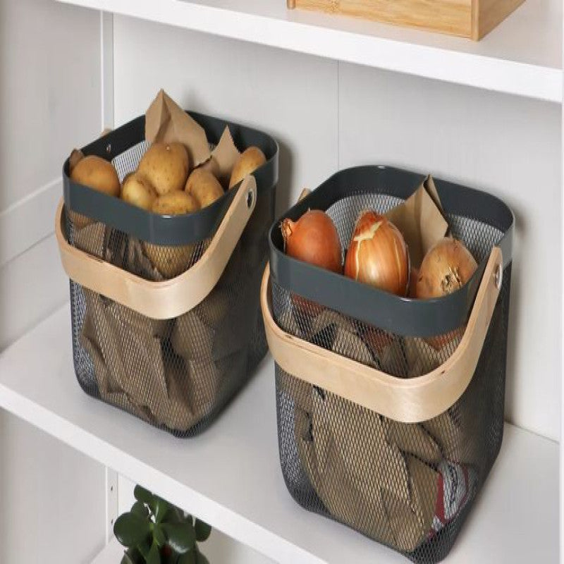Modern Metal Mesh Fruit Basket with Wooden Handle – Stylish Kitchen Counter Storage for Fruits and Vegetables | Adornia.pk
