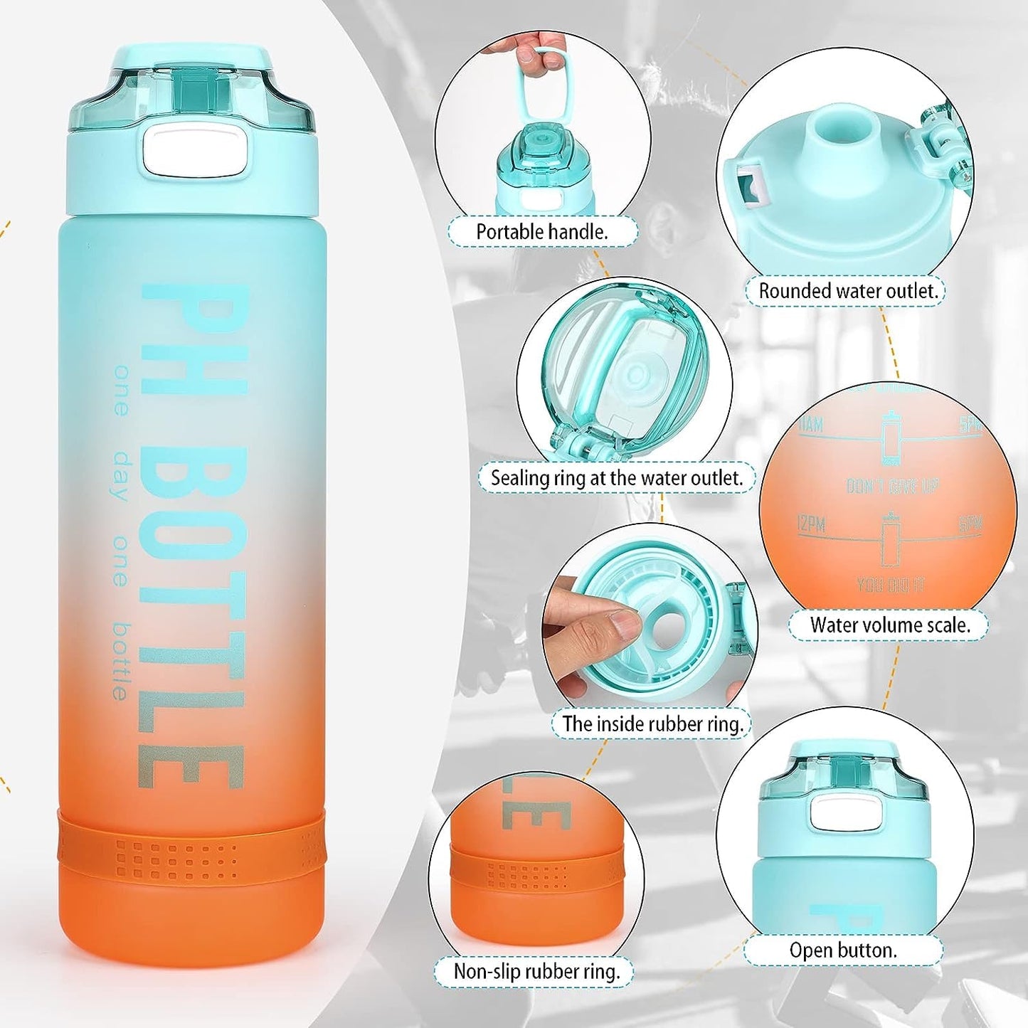 1L PH Water Bottle, Portable Gym Fitness