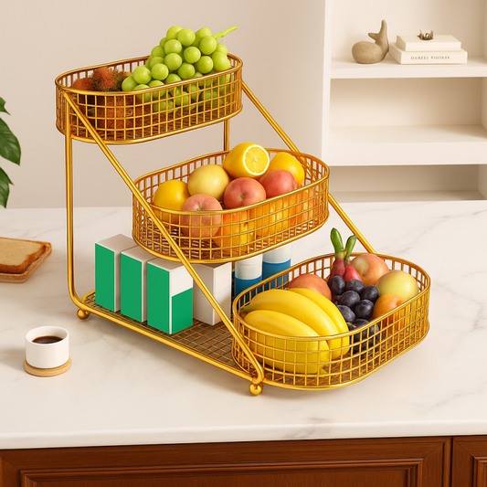 3-Tier Gold Iron Fruit Basket | Elegant Kitchen Countertop Storage Rack for Fruits & Vegetables