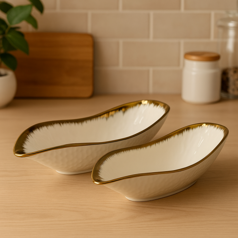 White & Gold Porcelain Platters - Premium 2-Piece Serving Set
