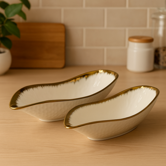 White & Gold Porcelain Platters - Premium 2-Piece Serving Set