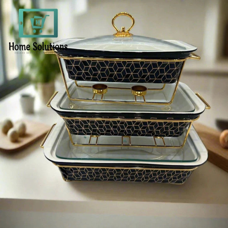 3-Piece Rectangular Ceramic Chafing Dish Set – Gold Pattern Casserole with Stand