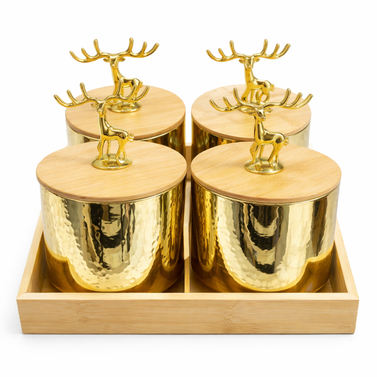 5Pcs Luxury Gold Storage Jar Set with Deer Handle Lids & Bamboo Tray