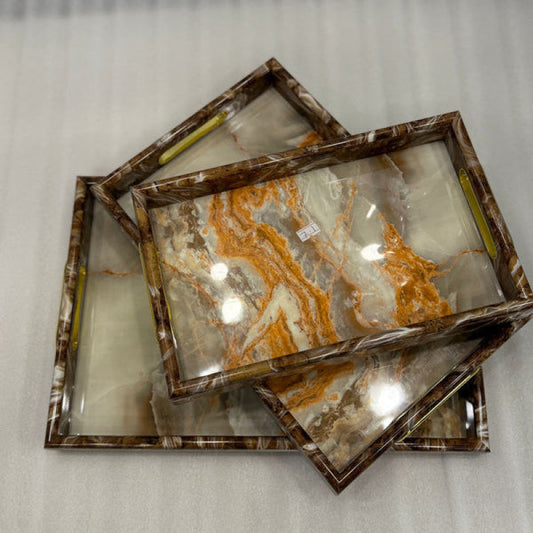 3-Piece Wooden & Marble/Textured Serving Tray Set