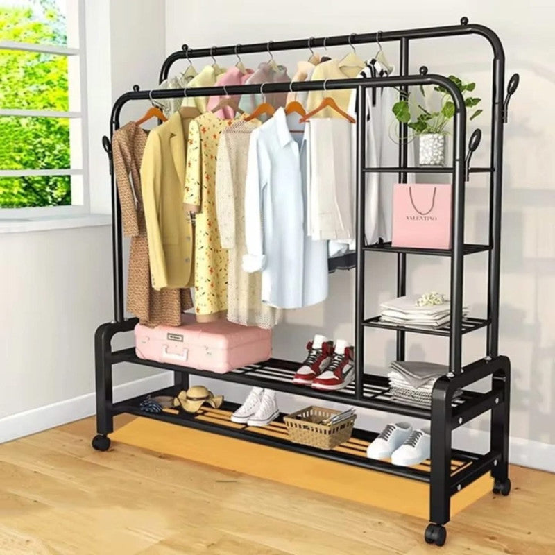 Dual Pole Movable Clothes Rack – Wardrobe Stand with Shelves & Coat Storage
