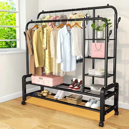 Dual Pole Movable Clothes Rack – Wardrobe Stand with Shelves & Coat Storage