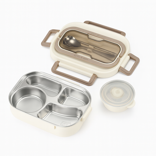 4-Compartment Thermal Lunch Box with Bowl, Spoon & Fork