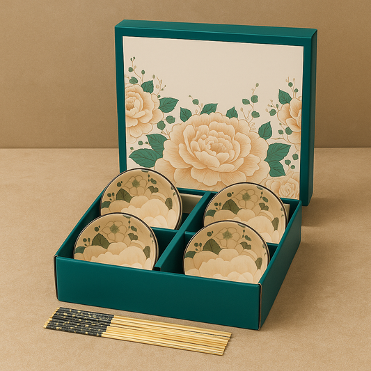 Japanese Floral Elegance Ceramic Bowls - Set of 4