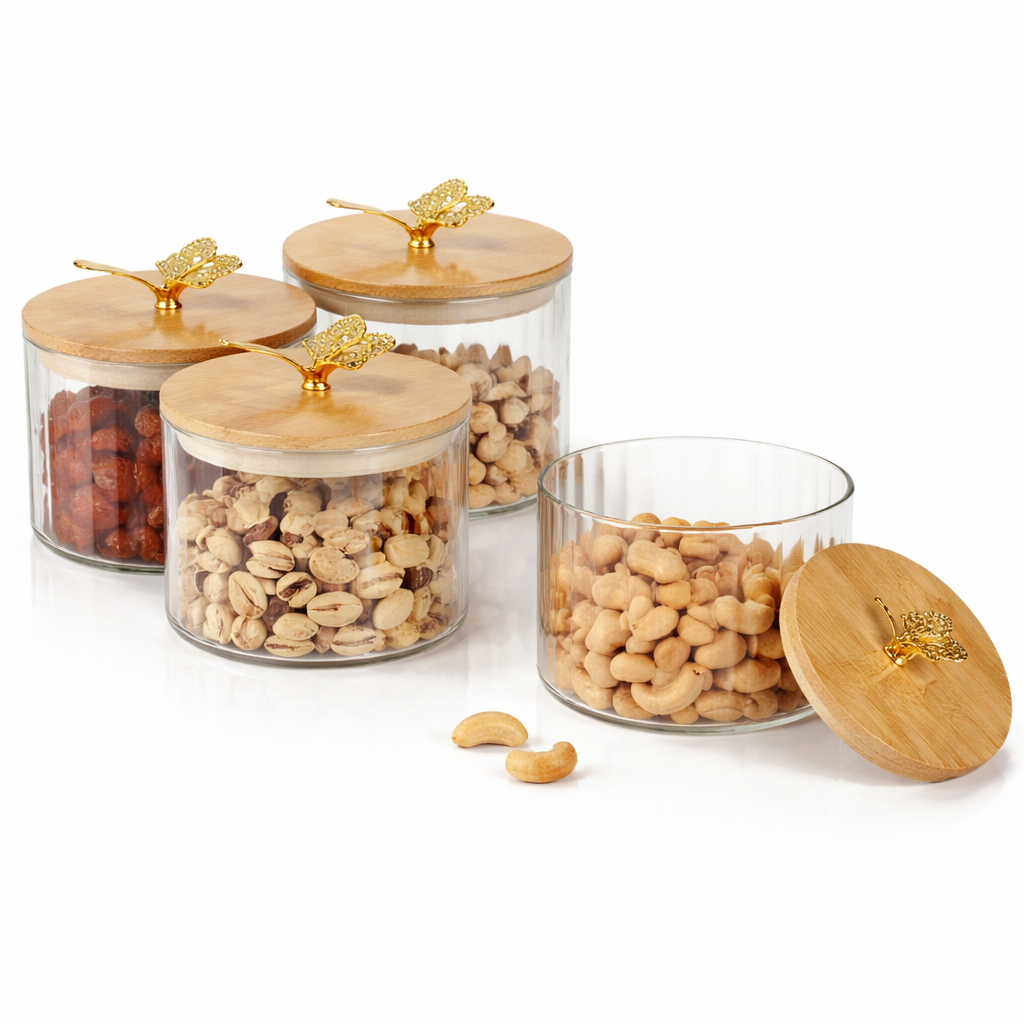 5Pcs Jar Set – Glass Storage Jars with Decorative Bamboo Lids & Tray