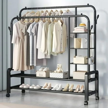 Dual Pole Movable Clothes Rack – Wardrobe Stand with Shelves & Coat Storage