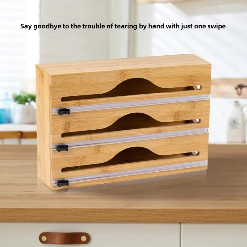 Kitchen 3 In 1 Bamboo Arc Wrap Dispenser Storage For Aluminum Foil With Cutter Cling Film Holder Kitchen Accessories Organizer