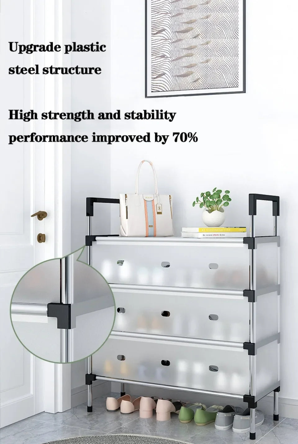 Dustproof Shoe Rack with Metal Pipes and Frosted Glass